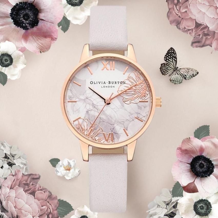 Olivia Burton OB16VM12 玫金殼愛戀花朵風奶油白皮帶腕錶