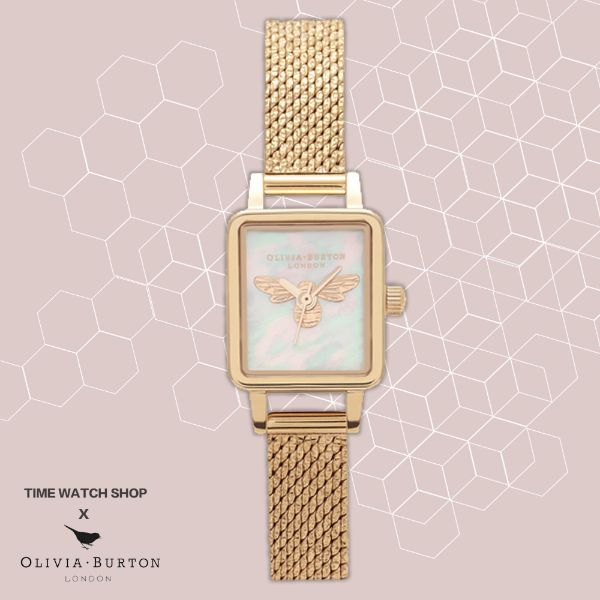 圖片 Olivia Burton OB16MC66 方形金色殼帶白貝蜜蜂面米蘭帶腕錶 手錶生日禮物情人節禮物