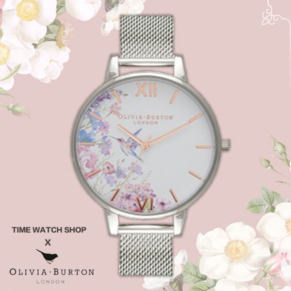 圖片 Olivia Burton OB16PP75 蜂鳥花卉水彩面不鏽鋼米蘭錶帶腕錶 手錶生日禮物情人節禮物