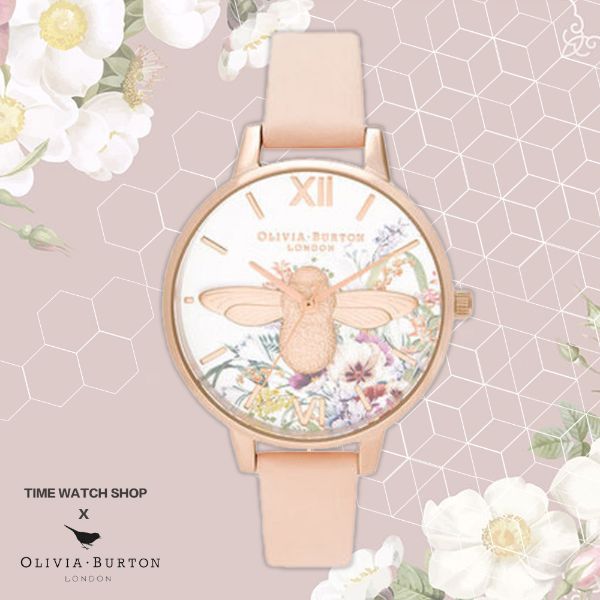 圖片 Olivia Burton OB16EG151 淡玫瑰金殼魔法花園3D大蜜蜂白面蜜桃粉皮帶腕錶 手錶