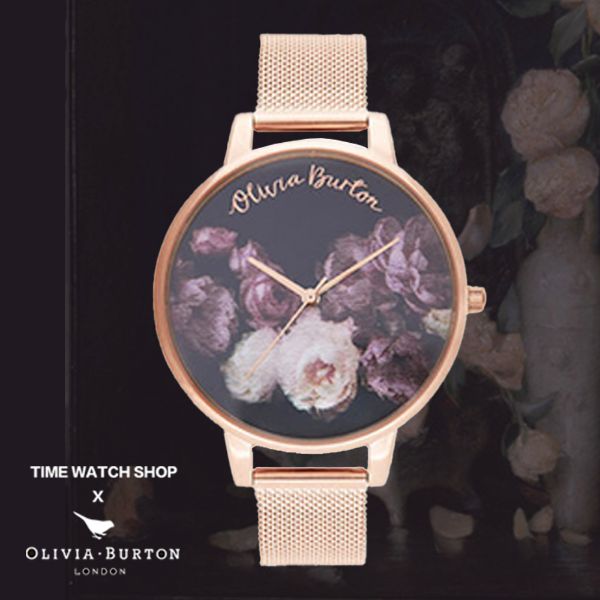 圖片 Olivia Burton OB16WG22 玫瑰金殼花卉黑面玫瑰金米蘭帶腕錶