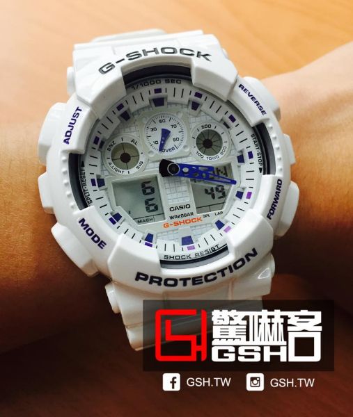 圖片 G-SHOCK 指針數位雙顯三眼設計運動錶 -白/紫 GA-100A-7A