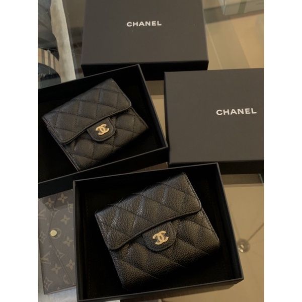 圖片 Chanel 香奈兒 菱格紋 荔枝皮革牛皮 金扣 三折短夾