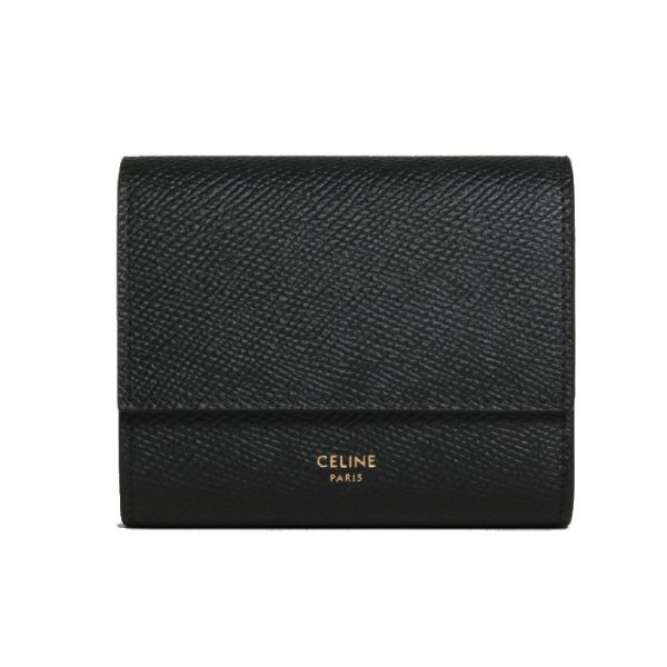 圖片 CELINE 經典燙金LOGO小牛皮 釦式零錢袋三折短夾 黑色  10B573BEL.38NO