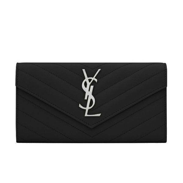 圖片 SAINT LAURENT YSL 銀字LOGO黑色按扣長夾  372264BOW021000