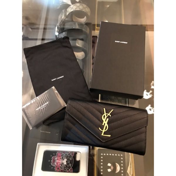 圖片 YSL Saint Laurent 聖羅蘭 經典金扣魚子醬牛皮V字縫線黑色長夾