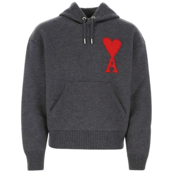 圖片 AMI PARIS 男款紅色刺繡大LOGO長袖落肩針織厚羊毛帽T 鐵灰色 S號       UKS802018 067