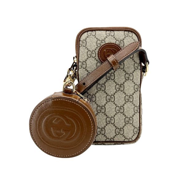 圖片 Gucci GG logo 二合一拉鍊直式斜背手機包(700959-棕)