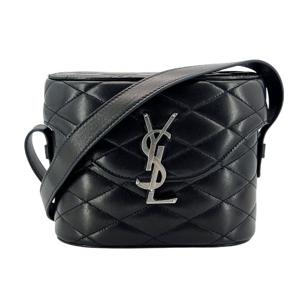 圖片 YSL JUNE 品牌銀logo絎縫小羊皮掀蓋箱形斜背包(黑)