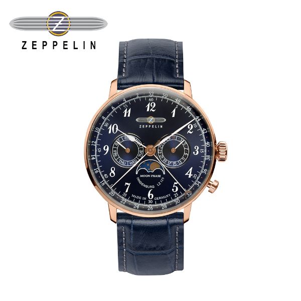 圖片 齊柏林飛船錶 70383 興登堡月相三眼藍盤石英錶 40mm 男/女錶