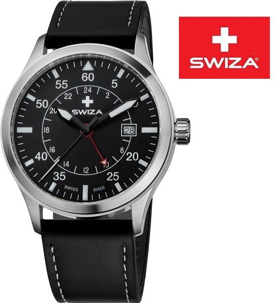 圖片 【Swiza】瑞莎 WAT.0352.1001 雙時區防水石英男錶 皮革錶帶 42MM