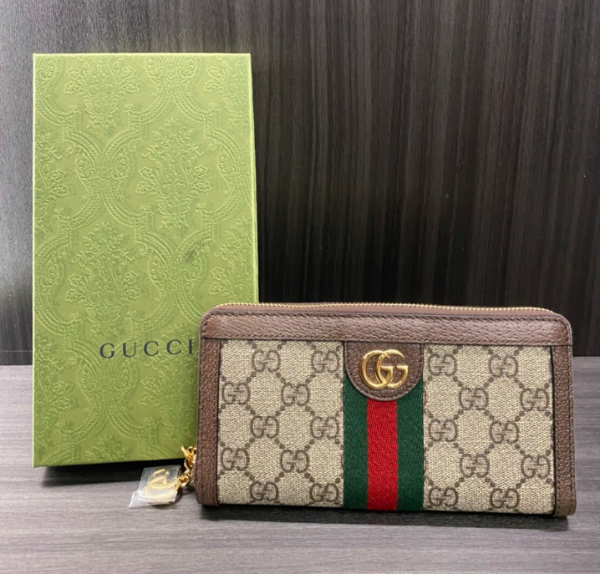 圖片 GUCCI 印花綠紅織帶皮革長夾