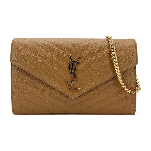 圖片 YSL Monogram V字縫線牛皮金logo斜肩/手拿包(377828-焦糖色)