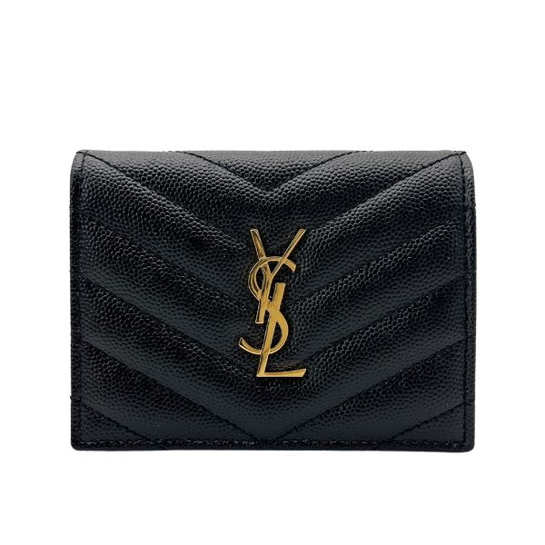 圖片 YSL Monogram金logo粒紋牛皮暗釦短夾(668290-黑)