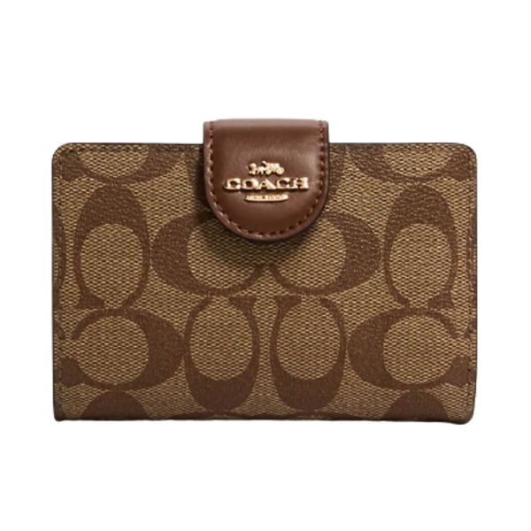 圖片 COACH 雙C大LOGO 女款皮革中夾 卡其+棕色 195031163630