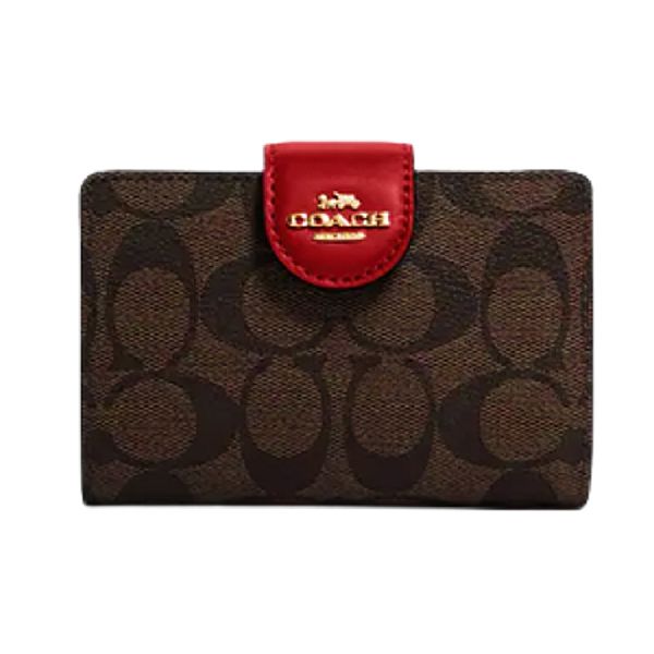 圖片 COACH 雙C大LOGO 女款皮革中夾 深棕+紅色 195031163647