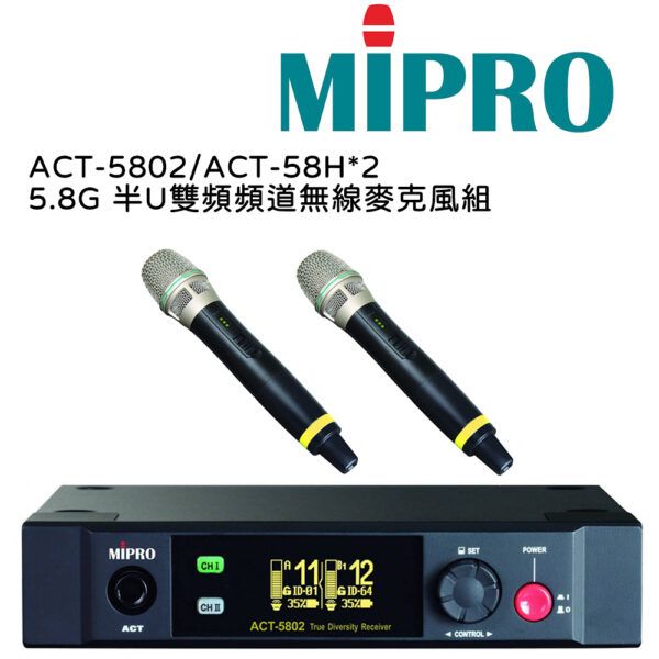 圖片 【MIPRO】ACT-5802/ACT-58H*2 5.8G 半U雙頻道無線麥克風組(數位接收機+麥克風兩支) 含TYPE-C充電線、18500充電池兩個