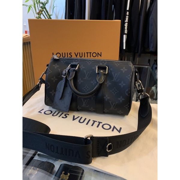 圖片 LV  經典老花 黑灰色拼接配色 Keepall Bandoulière 25 M46271圓筒 手提 側背包