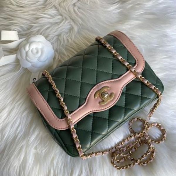 圖片 Chanel 古巴綠拼粉菱格方胖