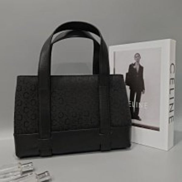 圖片 【哈極品】二手品《Celine 黑色 經典緹花布 拼皮革 拉鍊手提包》