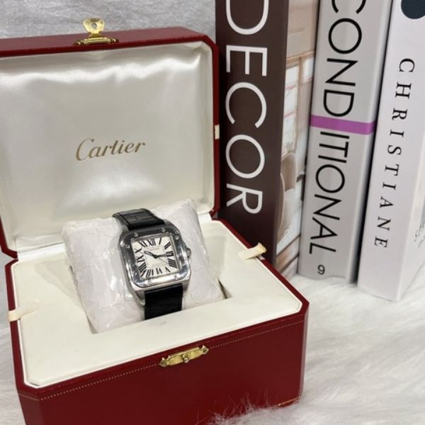 圖片 【哈極品】美品《Cartier 卡地亞 銀色santos100 中型 黑色皮帶機械錶/手錶》