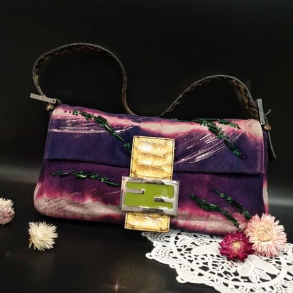 圖片 【哈極品】二手品《FENDI 芬迪 紫色絨布拚串珠 蛇皮手把 法棍包/肩背包/手提包/腋下包》