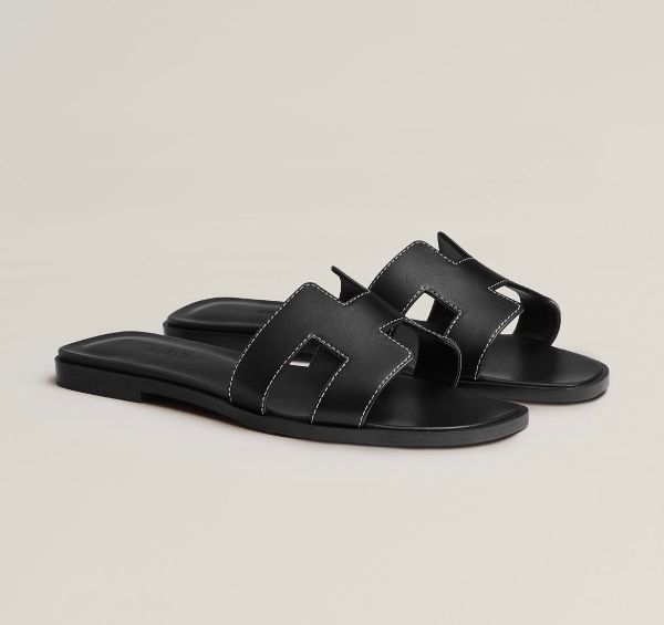 圖片 Hermès愛馬仕 Oran sandal 經典H LOGO小牛皮露趾平底涼拖鞋 黑色/38.5號