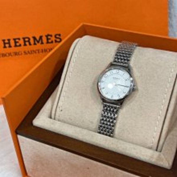 圖片 【哈極品】美品《HERMES 愛馬仕 銀色白面圓形鍊帶錶》