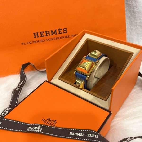 圖片 【哈極品】美品《Hermes 愛馬仕 藍色全皮金釦 CDC 石英錶造型錶/手鐲/手環》