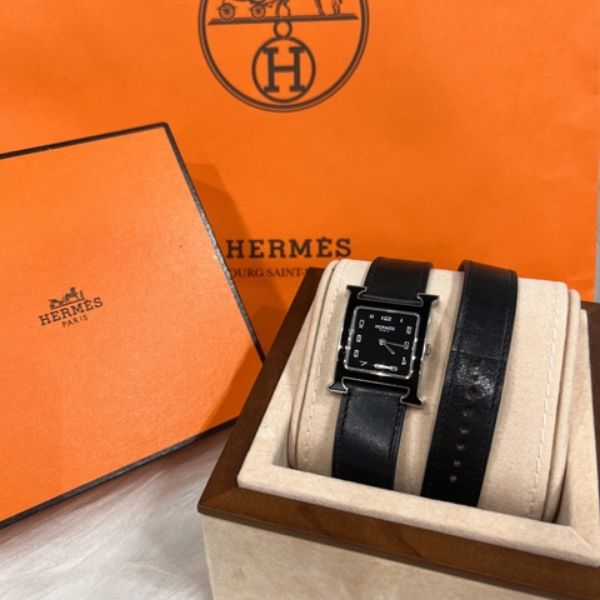 圖片 【哈極品】二手美品《Hermes 愛馬仕 黑色鏡面 經典大H H-our 雙圈皮帶 手錶》