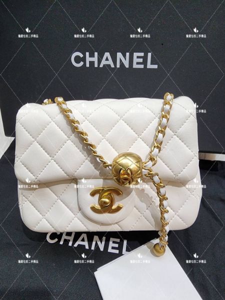 圖片 Chanel 金球 mini coco 17cm 白色 霧金 羊皮 方胖