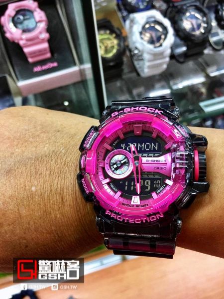圖片 G-SHOCK 復古風指針數位雙顯錶 - 透明黑*桃紅 GA-400SK-1A4
