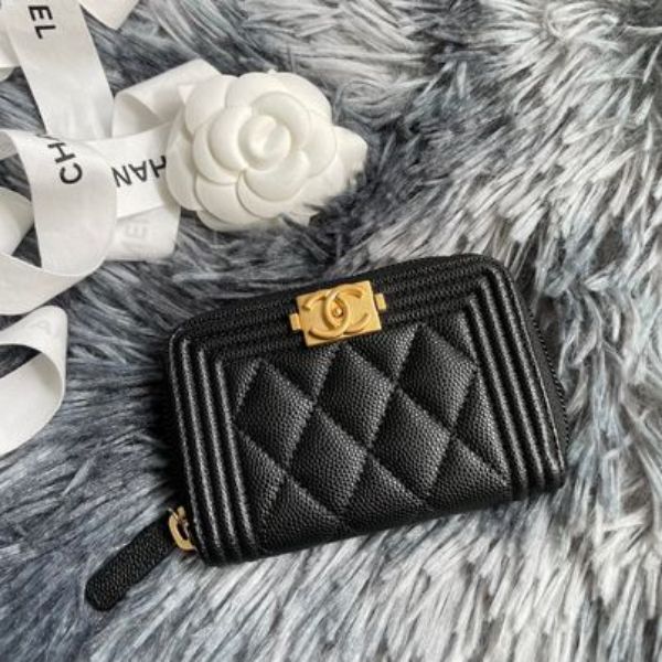 圖片 Chanel 黑金荔枝boy釦拉鍊零錢卡包