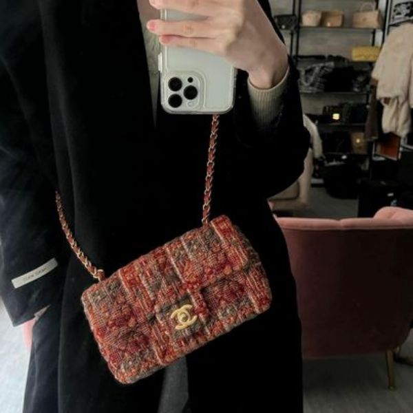 圖片 Chanel 橘色霧金釦毛呢mini cf