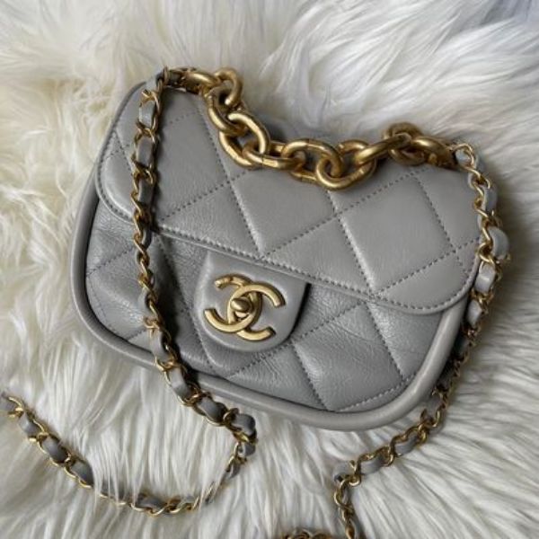 圖片 Chanel 灰金菱格手提斜背小馬鞍