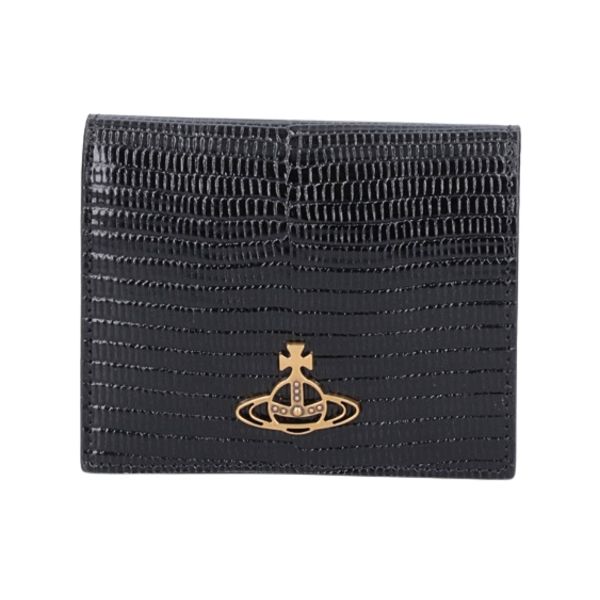 圖片 Vivienne Westwood 女款 品牌LOGO 蜥蜴紋皮革按扣短夾 黑色  51010024UL004FLA N401