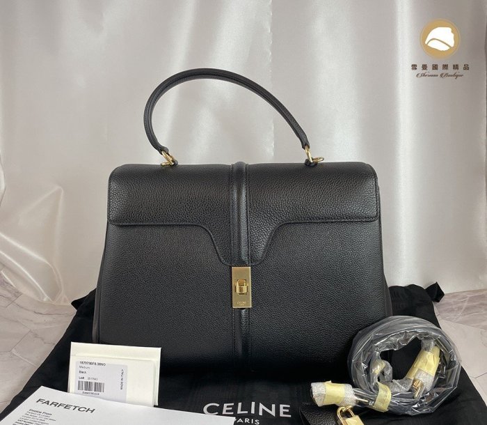 【雪曼國際精品】CELINE 16系列緞面顆粒紋小牛皮中型手提包／肩背包，未使用新品現貨