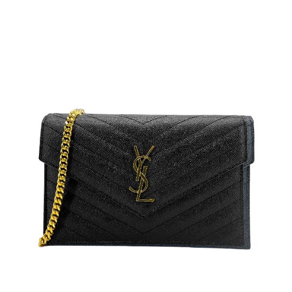 圖片 YSL Monogram 金logo粒紋牛皮斜背/肩背信封包-19cm(742920-黑)