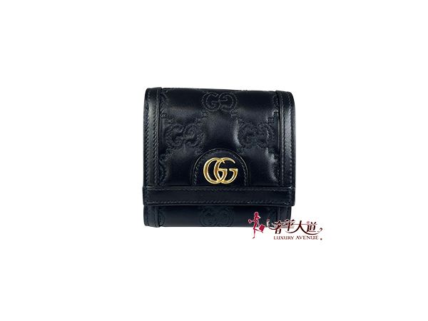 圖片 ＊奢華大道國際精品＊【G1675】GUCCI 黑色牛皮GG縫線三折釦式短夾 723799