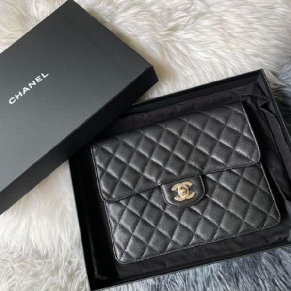 圖片 Chanel 黑金荔枝轉釦手拿包