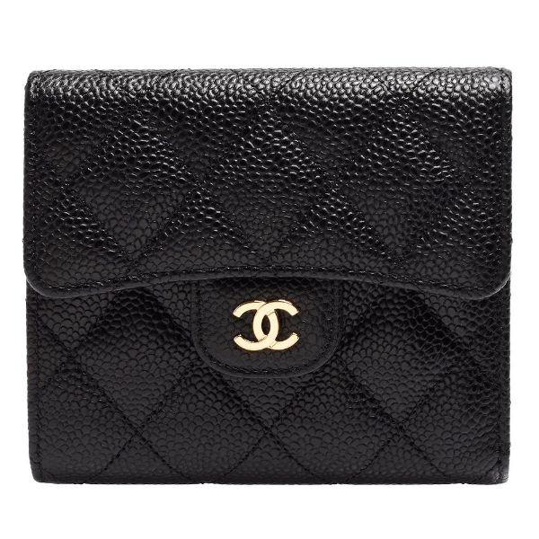 圖片 Chanel 香奈兒  CF系列經典雙C LOGO菱格紋荔枝小牛皮三折鏈暗釦翻蓋短夾 黑色/金釦