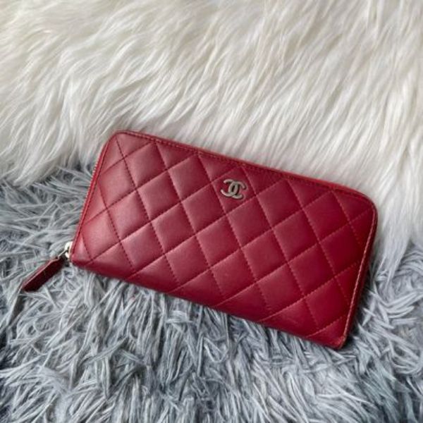 圖片 Chanel 紅銀菱格羊皮拉鍊長夾