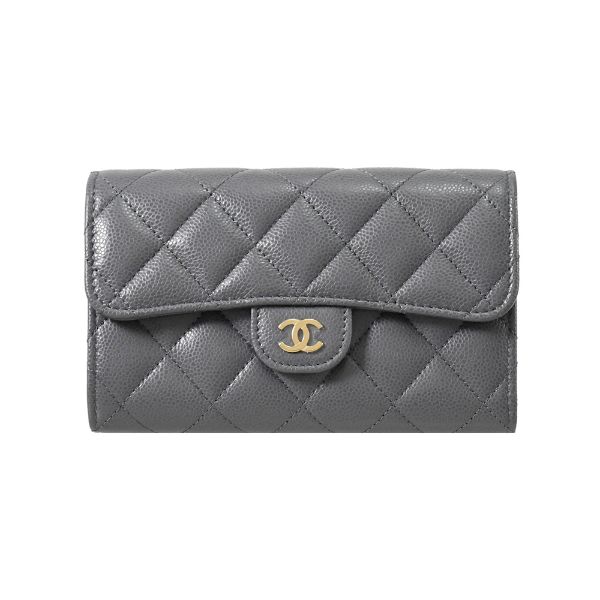 圖片 CHANEL 香奈兒 經典 皮革與金色金屬 荔枝紋中夾 深灰色 AP0232B10583N R652