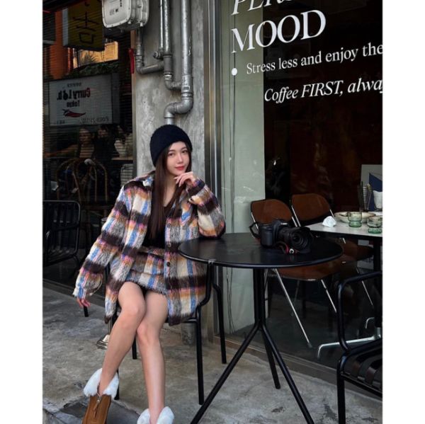 圖片 韓國可愛毛毛格紋外套短裙套裝