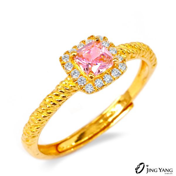 圖片 黃金女戒指-方糖白鑽戒 粉款