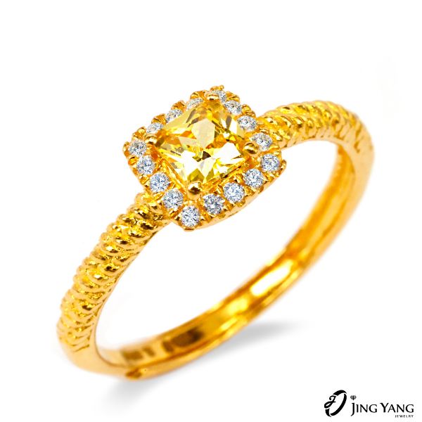 圖片 黃金女戒指-方糖白鑽戒 黃款