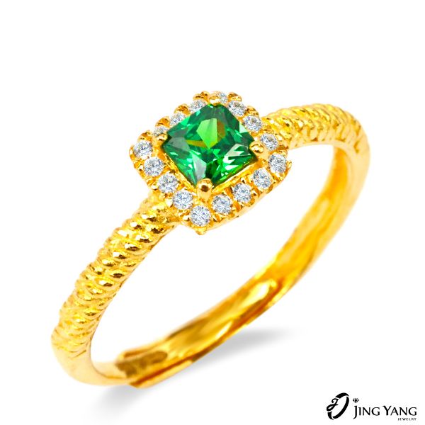 圖片 黃金女戒指-方糖白鑽戒 綠款