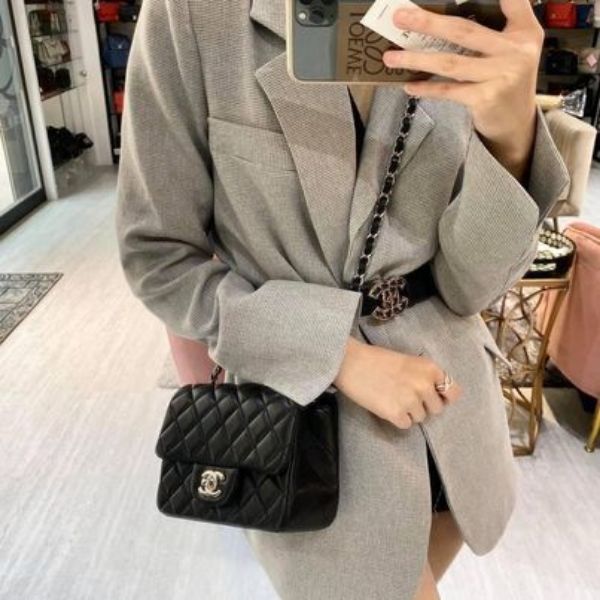 圖片 Chanel 黑銀菱格羊皮方胖子