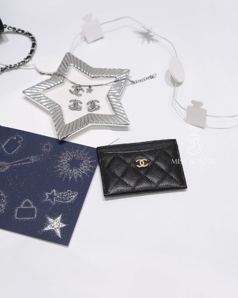 圖片 CHANEL菱格紋荔枝牛皮卡片夾-黑色/金釦