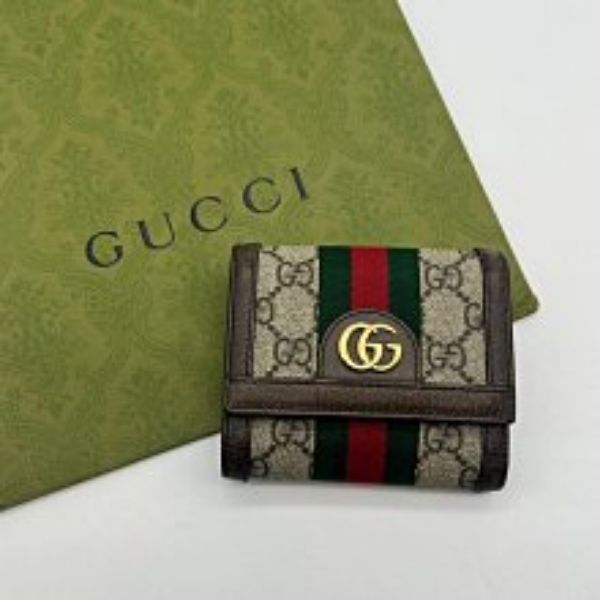 圖片 【哈極品】美品《 GUCCI 古馳 字紋拚咖皮紅綠條三折零錢短包/皮夾》